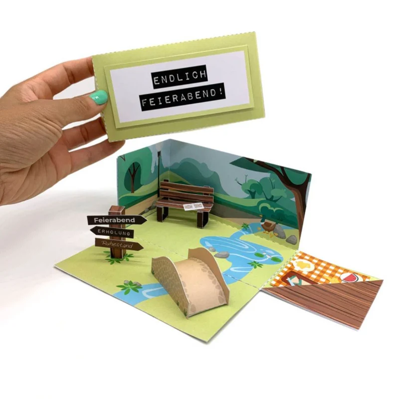 Explosionsbox Rente & Ruhestand – Pop-Up Geschenkbox „Endlich Feierabend", PDF Bastelvorlage