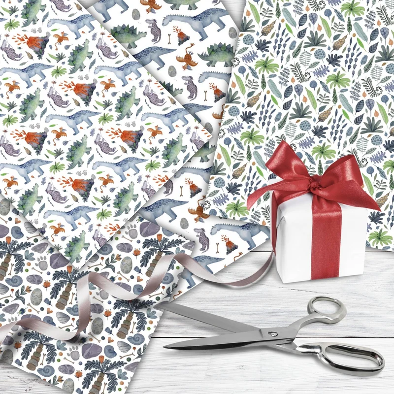 Geschenkpapier Dinosaurier zum Ausdrucken – 4 Motive, PDF Bastelvorlage für Kinder